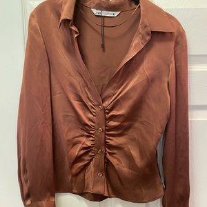 Zara Rouched Satin Long Sleeve Fitted Blouse Size Small